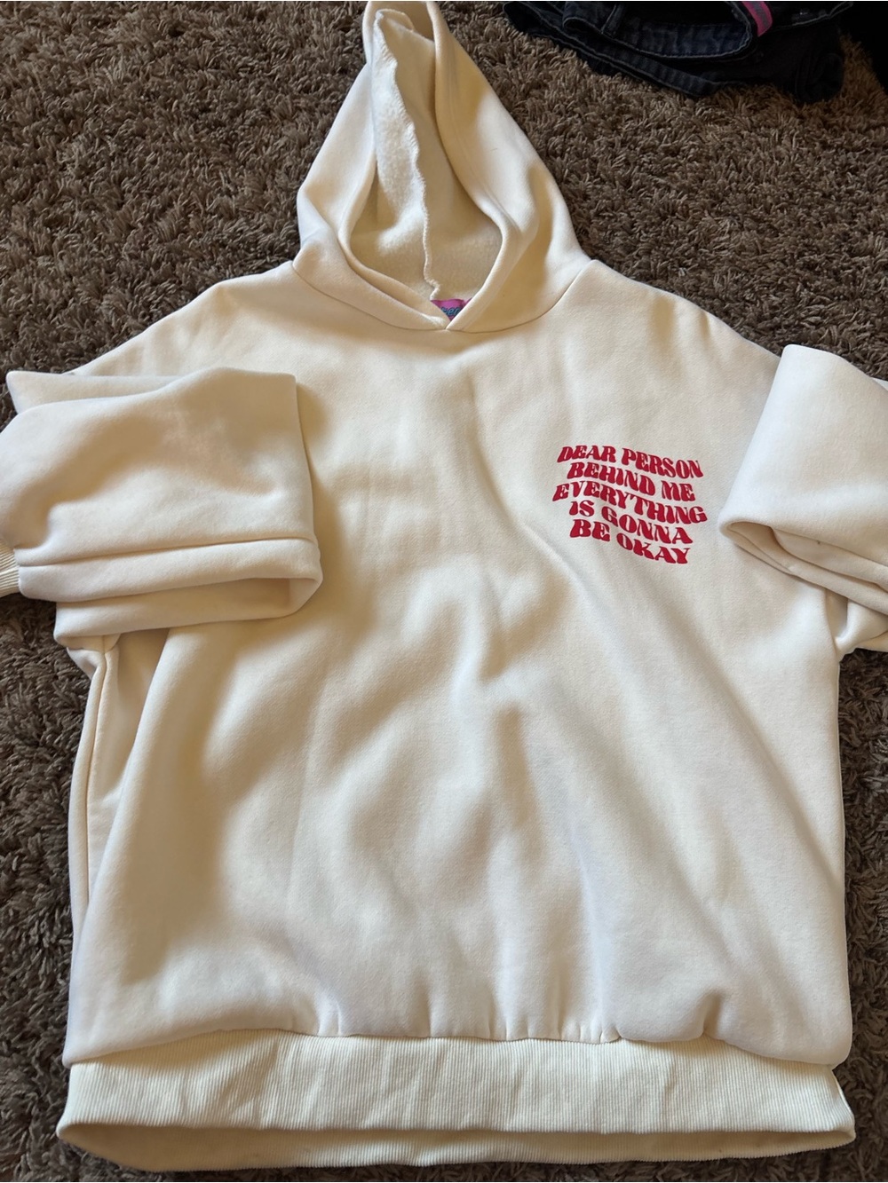 Edikted Cream Crewneck Hoodie with Red Chest Text